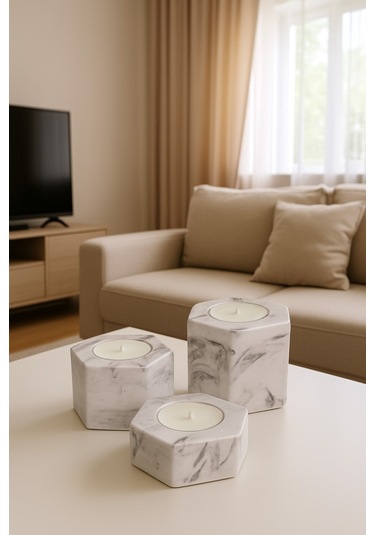 Dekoratif Tealight Mumluk Mermer Desenli