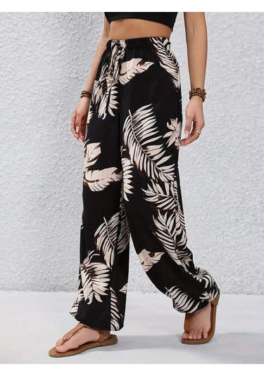 Gülsüm Aydın Kadın Yüksek Bel Bağcıklı Yaprak Desenli Süprem Pantolon Çok Renkli