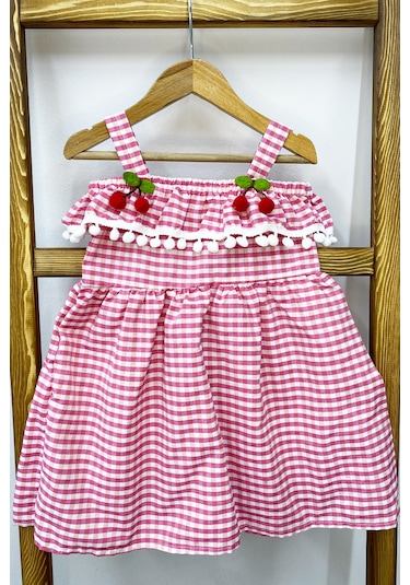 Kız Çocuk Askılı Elbise Dantelli Ekose Desenli B14 Pembe