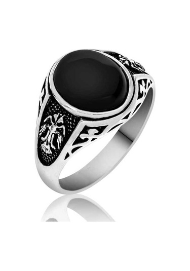 Gümüş Siyah Çift Başlı Kartal Erkek Yüzük Çok Renkli