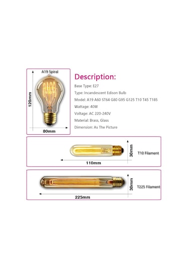 Retro Edison Ampul E27 110 V 40 W T10 T45 A19 St64 G80 G95 G125 Ampul Vintage Edison Ampul Akkor Lamba Filament Ampul Ev Dekor G125 Spiral