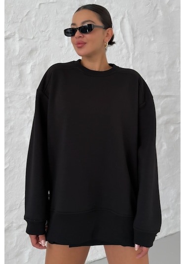 Kadın Siyah Bisiklet Yaka Yanı Yarım Fermuar Detaylı Sweatshirt Siyah