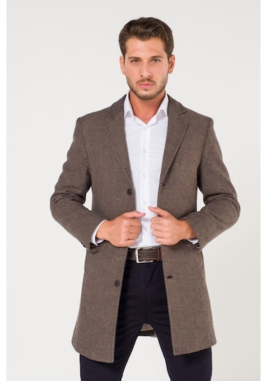 Slimfit V Yaka Kışlık Kırçıllı Kahverengi Kaban Palto-Kahverengi