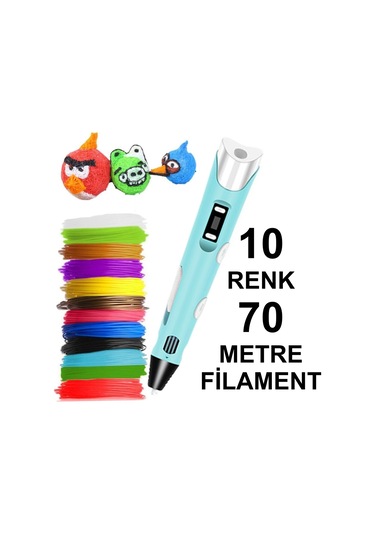 MAVİ 3D Kalem Yazıcı+10 renk 70 metre (10x7metre) PLA Filament