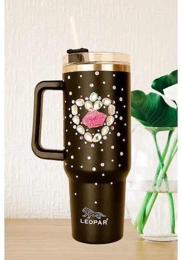 Pipetli 1,2 Litre Kulplu Çelik Termos Renkli Üzeri Taş İşlemeli - Siyah Siyah