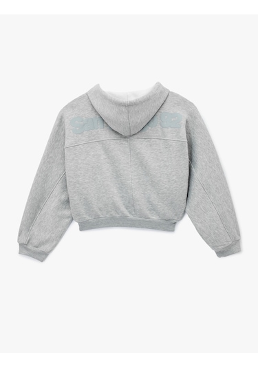 Koton Şardonlu Kapüşonlu Baskılı Simli Cep Detaylı Fermuarlı Sweatshirt Kar Melanj 6wal10488ık Gri Melanj