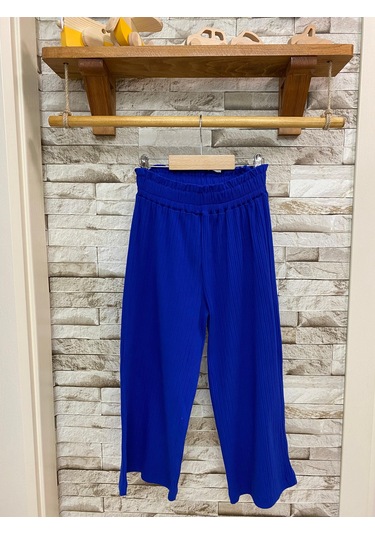 Aysbebe Bağcıklı Bluz + Bol Paça Fitilli Kumaş Pantolon Kız Çocuk Yazlık Takım Beyaz - Mavi 2254