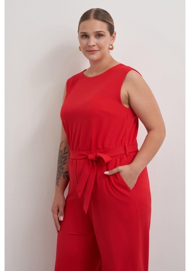 Pencere Detaylı Cepli Örme Tulum-6180 Kırmızı