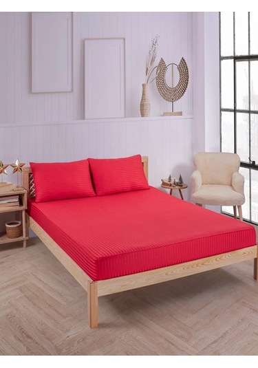 Kırmızı Pamuklu Çizgili Saten Lastikli Çarşaf Takımı Tek Kişilik + 1 Yastık Kılıfı Kırmızı