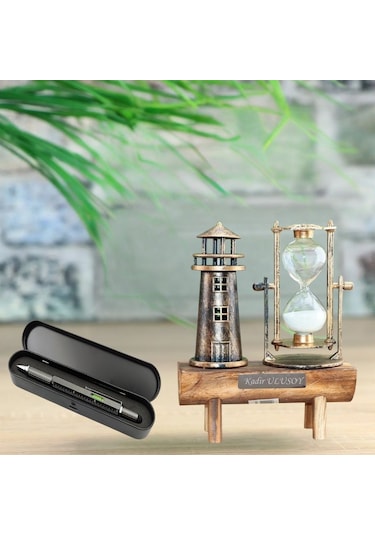 Kişiye Özel Tükenmez Kalem Ve Deniz Feneri Kum Saati Masa Seti Şık Hediye