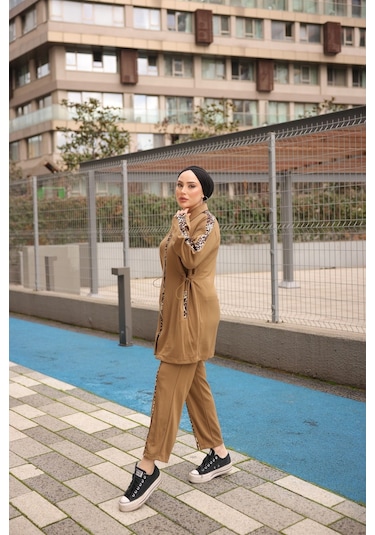 Tesettür Eşofman Takımı Fermuarlı Ikili - Tunik Pantolon Kahverengi 474 Kahverengi