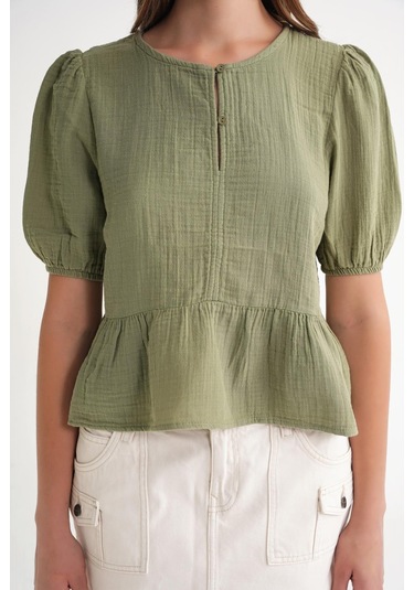 4713 Kadın Beli Büzgülü Kolu Lastikli Bol Müslin Bluz Çağla Çağla
