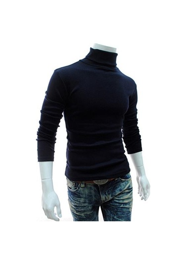 Kraliyet Mavisi Sıcak Örme Gömlek Şık Üst Balıkçı Yaka Düz Renk Esnek Örme Gömlek Lacivert