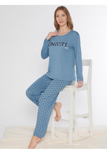 Uzun Kol Pijama Takımı Viskon Alperi 790-87 İndigo