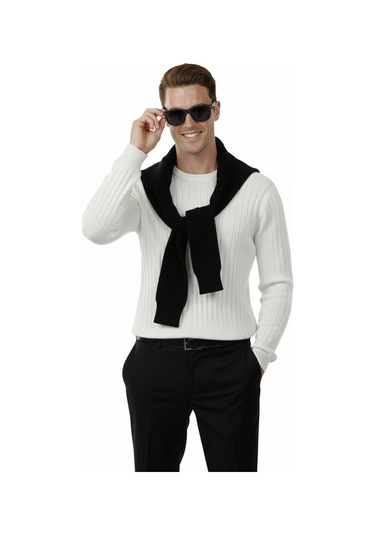 Deepsea Erkek Beyaz Rahat Kalıp Çizgi Dokulu Triko Kazak Şık & Modern Tasarım 2605432 Beyaz