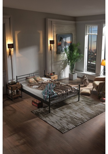 Manyas Çift Kişilik Ferforje Metal Karyola-siyah Ahşap Latalı