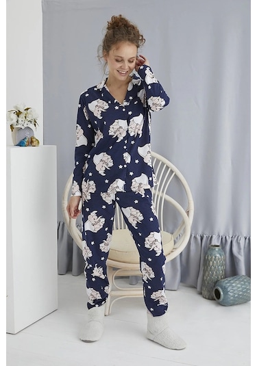 Kadın Düğmeli Desenli Pijama Takımı Boydan Düğmeli Takım- 1001 Lacivert