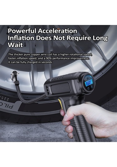 Wezone Araç Lastik Hava Pompa, Akıllı Dijital Ekranlı, Otomatik Durma, Led Işık, 4000mah Pil, 3 Fişli, El Tahliye, Ev Ve Araç Kullanıma Uygun, Siyah