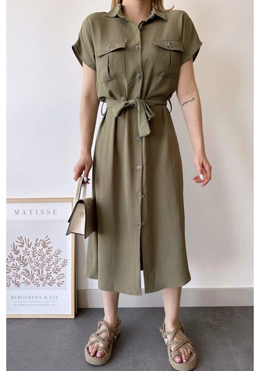 Kadın Haki Kısa Kol, Gömlek Yaka, Düz Desen, Çift Cepli, Aerobin Kumaş, Kuşaklı Maxi Elbise Haki