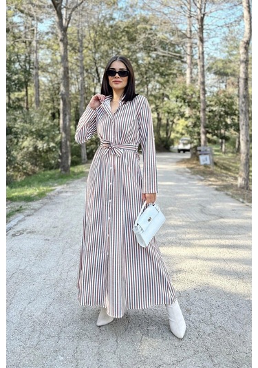 Kadın Kiremit & Ekru Çizgili Uzun Kol, Rahat Beli Kemerli, Cepli, Keten, Maksi Gömlek Elbise Kiremit