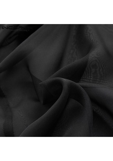 İncerun Yaz Erkek Uzun Kollu Gömlek İnce Düğme Clubwear Parti Siyah Üstler Siyah