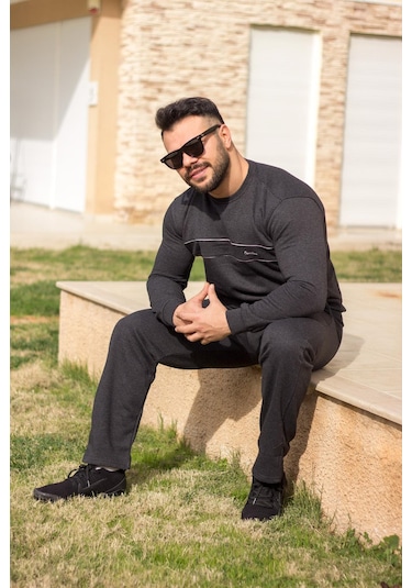 Antrasit Normal - Battal Büyük Beden Kalın Sweat Erkek Eşofman Takımı 21eestbakt Antrasit