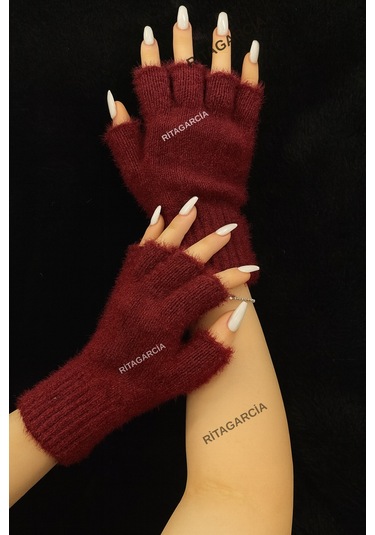 Peluş Kesik Parmak Eldiven Bordo 2