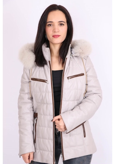 Ekru Hakiki Deri Kürklü Çıkarılabilir Kapüşonlu Kapitoneli Mont K