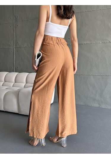 Eke Tekstil Kadın Camel Keten Paçaları Yırtmaçlı Pantolon-camel Camel