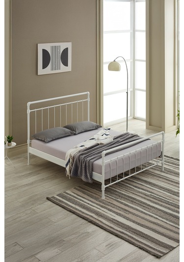 Odin Çift Kişilik Metal Karyola-beyaz Ahşap Latalı