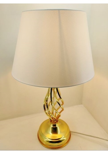 Gold Altın Renk Burgulu Toplu Metal Ayaklı Beyaz Şapkalı Abajur Altın