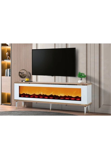 Bera Marmo - Gümüş Şömineli Sedef Tv Sehpası Beyaz - Gümüş