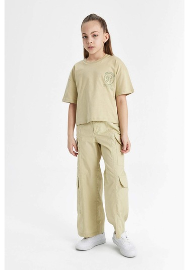 Defacto Kız Çocuk Wide Leg Kargo Geniş Paça Pamuklu Pantolon C1644A824SPBG433 Bej