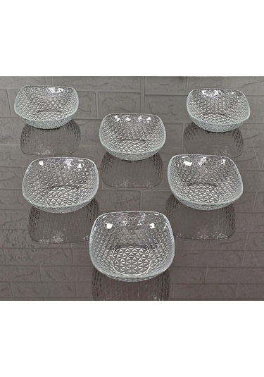 6 Kişilik Kare Kesme Dekorlu Çerezlik Sade Cam Kase 12 Cm Naturel