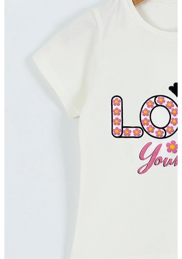 Hçm Kız Çocuk Tshirt Love Baskılı Bisiklet Yaka D28 Krem