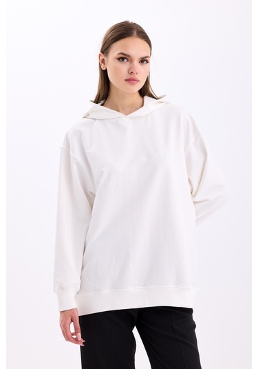 Pastelastore Pamuklu Kapüşonlu 2 İplik Baharlık Oversize Sweatshirt Ekru