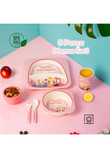 Porsima 233 Figürlü Mama Seti Bebek Mama Tabağı Bambu Mama Seti Pembe