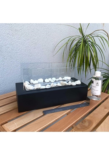 Reyo Faralya Metal Siyah Bioethanol Masaüstü Şömine Sertifikalı Yakıt Ve Taş Hediyeli