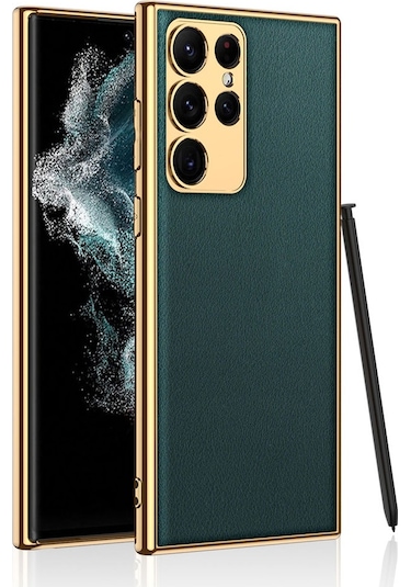 Kilifone - Samsung Uyumlu Galaxy S23 Ultra - Kılıf Deri Görünümlü Elektroplating Kaplama Fizyon Kapak - Koyu Yeşil