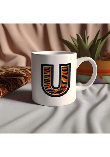 U Harfi Kaplan Figürlü Nakış Desenli Kupa Bardak - Kişiye Özel Vahşi Hayvan Desenli Kupa - Hediye Beyaz