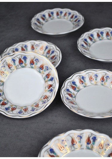 Qualitev 6 Adet Porselen Çay Tabağı Ebruli Lale Çini Motifli Çay Tabak 10 Cm Mavi