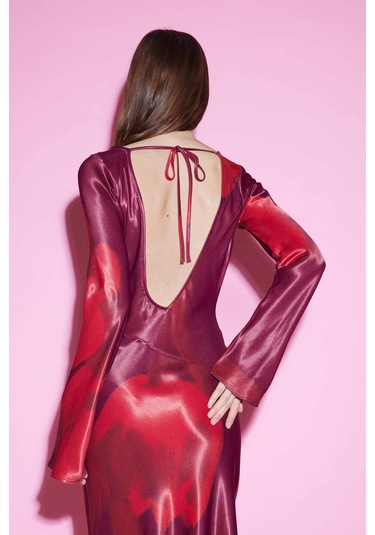 DeFacto Bisiklet Yaka Batik Saten Uzun Kollu Maxi Abiye Elbise E7451AX25SPRD211