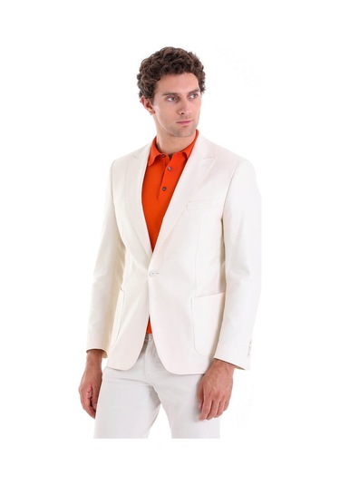 Hatemoğlu Ekru Comfort Fit Düz Mono Yaka Casual Keten Ceket Ekru