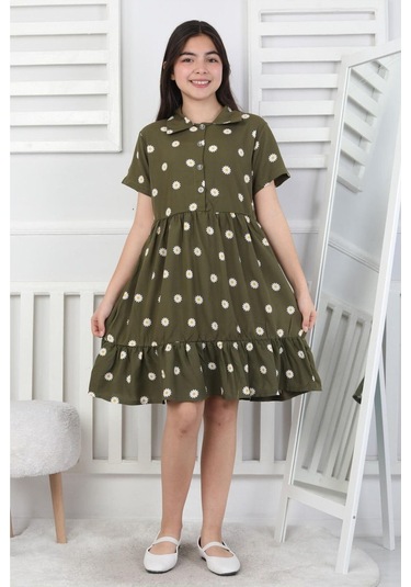 Papatya Desenli Kız Çocuk Elbise Haki