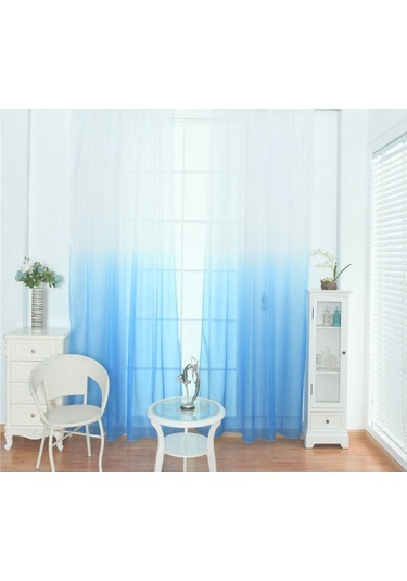 Tül Perde Beyaz Mavi Renk Geçişli Pırıltılı Tül Degrade Geçişli Tül 2kat Pileli Mavi-beyaz