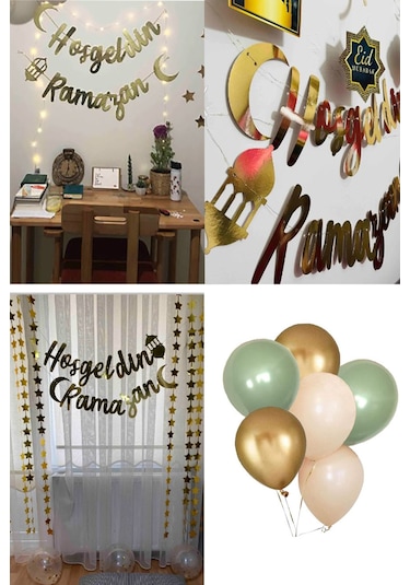 Hoşgeldin Ramazan 11 Ayın Sultanı Gold Yazılı Ledli Zincir Balon Seti