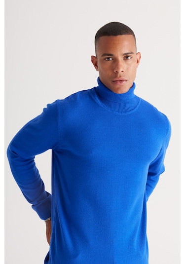 AC&Co / Altınyıldız Classics Erkek Saks Mavi Standart Fit Tüylenme Yapmayan Tam Balıkçı Yaka Triko Kazak 4A4922100004SKSS Mavi