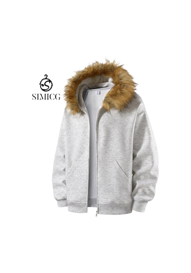 Erkek Sonbahar Ve Kış Suni Kürk Yaka Fermuarlı Sweatshirt Ceket Gri