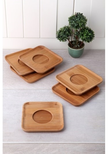 Balsa Bambu Çay Tabağı, Kare Çay Tabağı, Çay Altlığı, 6 Adet Bambu
