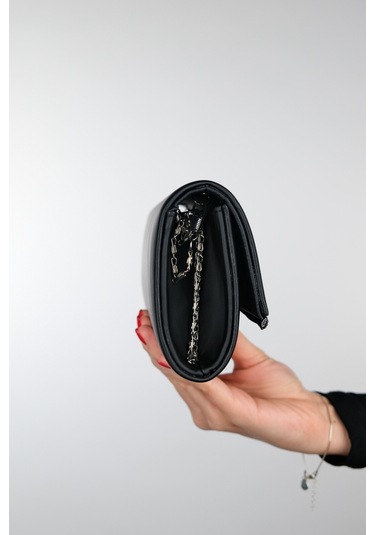 Marıa Siyah Saten Platin Taşlı Kadın Abiye Çanta Siyah